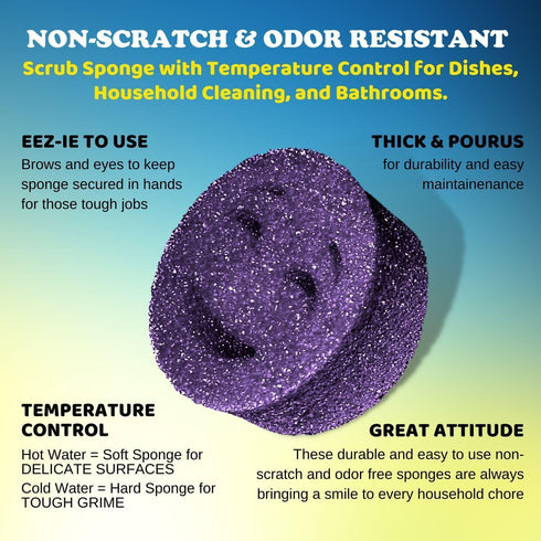 Scrub Moji Scrubbing Sponge Set of 3, Purple, Temperature-Responsive Foam, Stain and Odor-Resistant