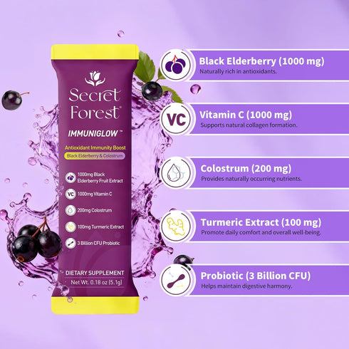 ImmuniGlow, 1000mg 1000mg Immunity (15 Packets) Secret Forest Vitamin C, Black Elderberry, Probiotics, Colostrum