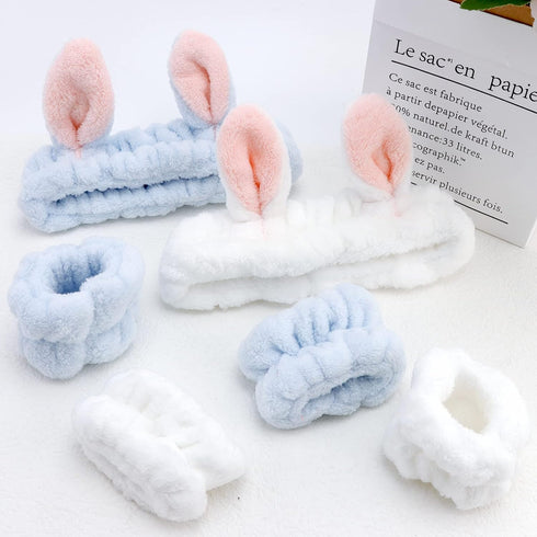 YISSION 6Pcs Face Wash Headbands and Wristbands Set, Bunny Ears Spa Headband for Women Girls Washing Face (Blue White)