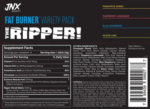 JNX SPORTS The Ripper! Fat Burner - Sample Variety Pack with 5 x 8g Sticks for Extreme Energy & Appetite Control
