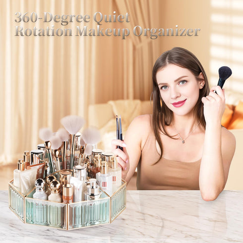 Rotating Makeup Organizer, High Hardness Glass Cosmetic and Skincare Organizer for Bathroom Counter