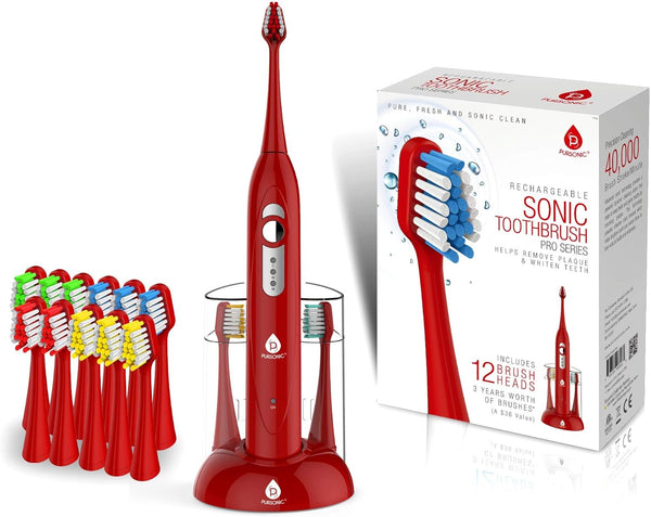 Pursonic S430 SmartSeries Rechargeable Sonic Toothbrush, 12 Brush Heads Included, Red