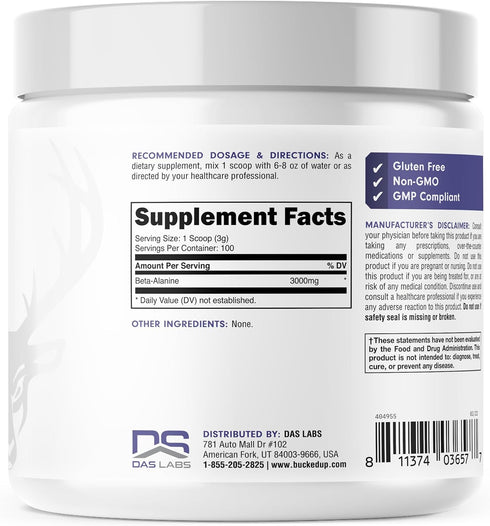Bucked Up Beta Alanine Powder, 300mg, Non-GMO, Gluten-Free, Unflavored (100 Servings)