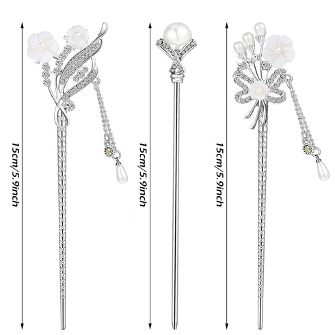 Waydress 3 Pieces Chinese Hair Stick, Japanese Hairpin Hair Chopsticks for Women, Vintage Pearl Rhinestone