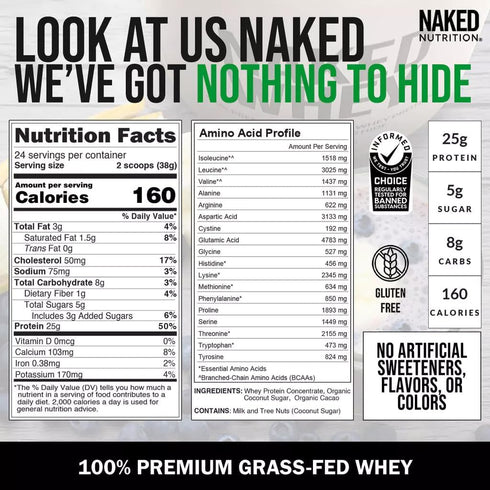 Naked Whey Chocolate Protein Powder - 3 Ingredients, Grass Fed, Organic, Gluten Free - 24 Servings