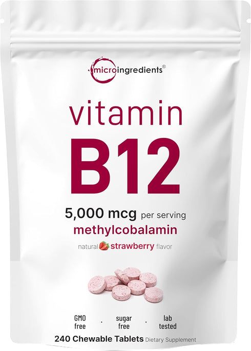 Micro Ingredients Vitamin B12 | Methyl B12 Active Form – 240 Chewable Tablets | Fast Dissolve, Natural Strawberry