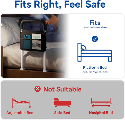 Josmimic 300LBs Bed Rails for Elderly Adults Safety - Adjustable Flat-Tube Design Bedrail for seniors with Storage