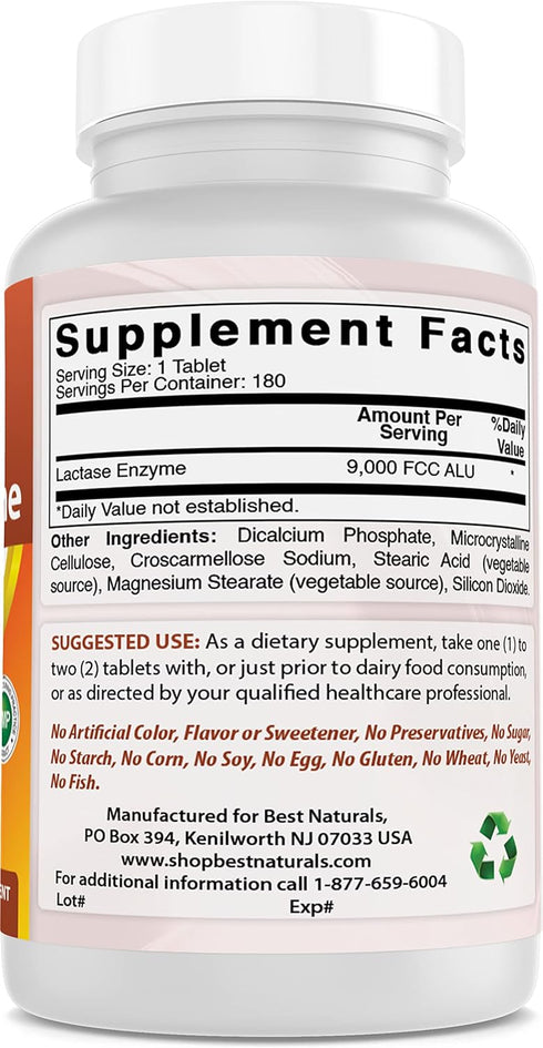 Best Naturals Lactose Intolerance Relief Tablets, Natural Lactase Enzyme, 9000 FCC ALU, 180 Count