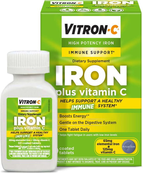 Vitron-C High Potency Iron Supplement - 60 Count, 125mg Vitamin C, Immune Support, Pack of 1