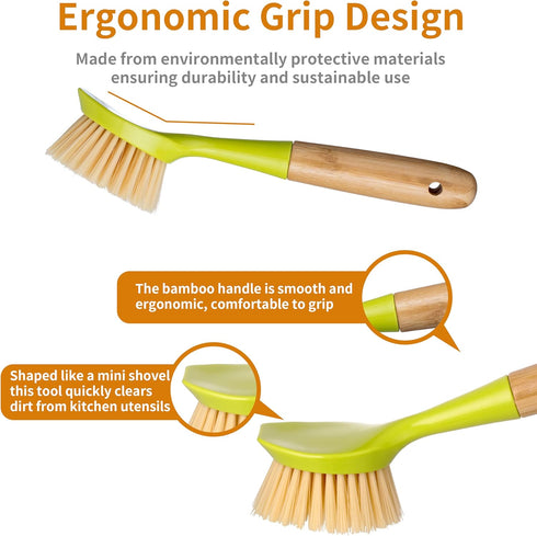 2 Pack Kitchen Dish Brush with Bamboo Handle, Built-in Scraper Scrub Brush for Pans, Pots, and Kitchen Sink Cleaning,