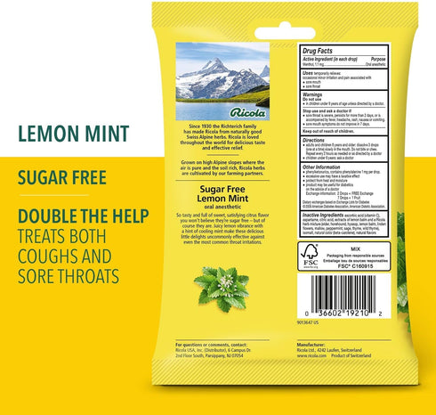 Ricola Sugar Free Herb Throat Drops, Lemon Mint, Pack of 3, 19 ct