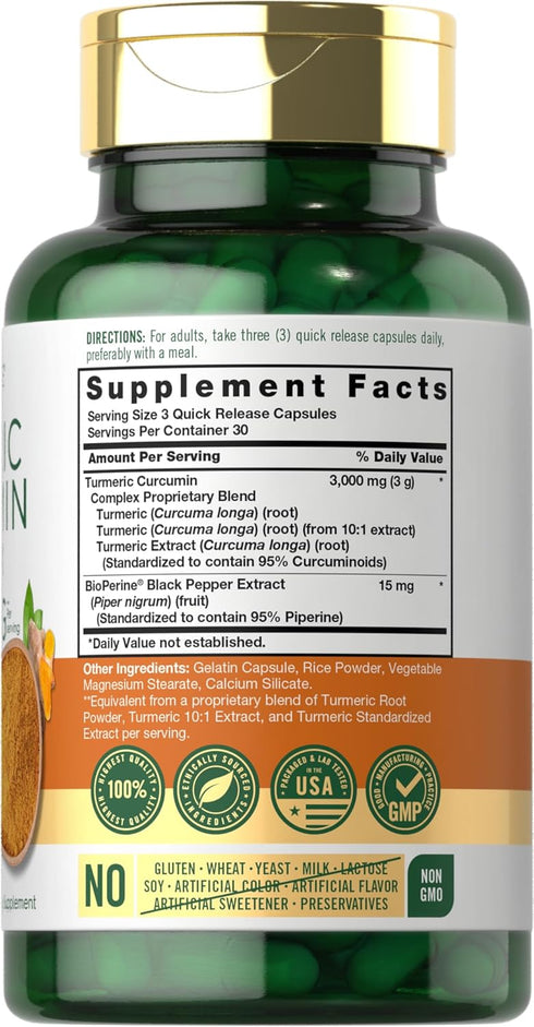 Carlyle Turmeric Curcumin with Black Pepper 3000mg | 90 Powder Capsules | Complex Supplement with Bioperine | Non-GMO, Gluten Free