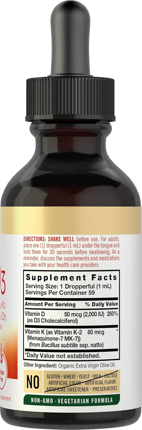 Carlyle Vitamin D3 K2 Liquid | 2 Fl Oz | MK-7 Supplement | Vegetarian, Non-GMO, Gluten Free