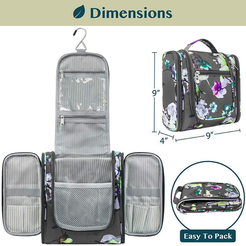 PAVILIA Travel Toiletry Bag for Women Men - Hanging Cosmetic Organizer, Large Water Resistant Makeup Bag (Floral Grey)