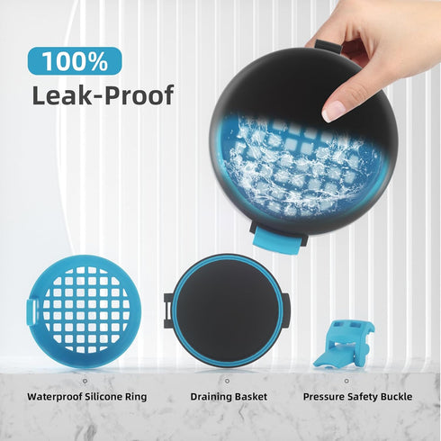 BVN Leak-Proof Denture Bath Cup for Travel, Denture Soaking Cup with Strainer (Black + Blue)