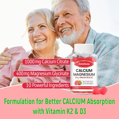 Sugar Free Calcium Gummies for Women Men, Raspberry Flavor, Calcium Magnesium Zinc with Vitamin D3 & K2 - 120 Count