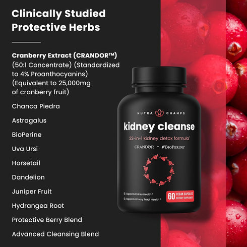 Kidney Cleanse Detox & Repair - 22-In-1 Kidney Health Supplement with 50:1 Cranberry Extract for Urinary Support