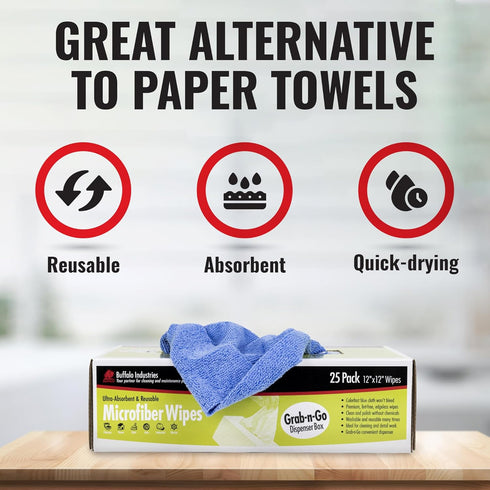 Microfiber Cleaning Cloths, 25 Pack Dispenser Box, Lint-Free Rags, 12" x 12", Colorfast Blue, Clean & Polish Wipes