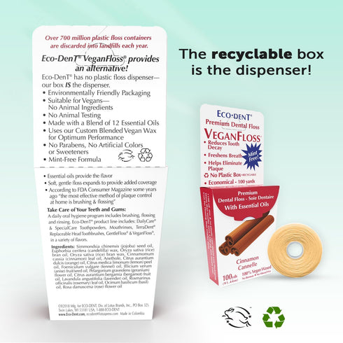 Eco-Dent VeganFloss Dental Floss, Waxed, Cinnamon, 100 Yds (Pack of 6) - Plant-Based Wax