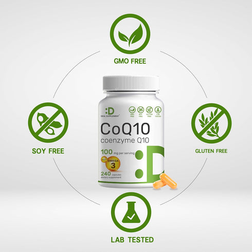 CoQ10 100mg - 240 Capsules with Omega 3 Fatty Acid 100mg, Bioavailable Coenzyme Q10 for Heart, Energy & Brain Health