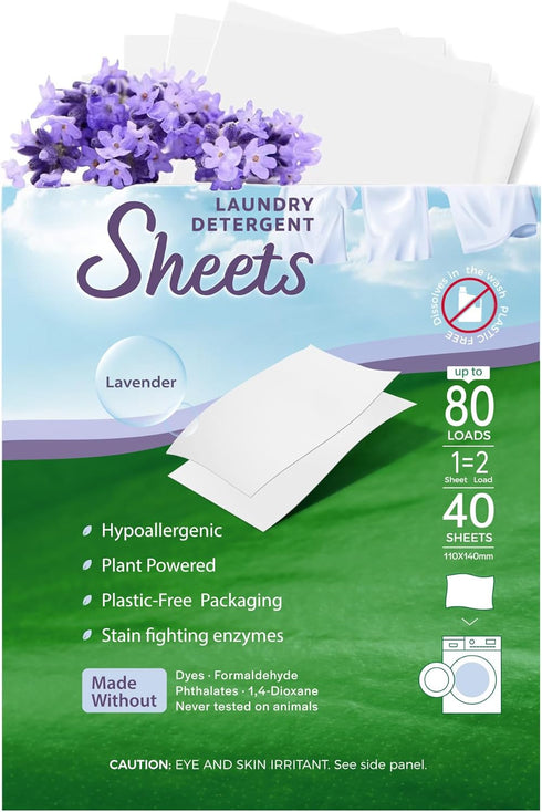 Laundry Detergent Sheets - Zinshine Plant-Based Eco Friendly | Hypoallergenic Lavender Scent, Up to 80 Loads