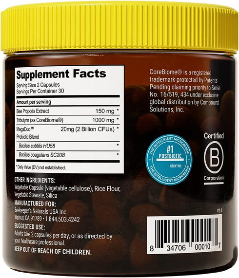 Beekeeper's Naturals Complete Gut Health - 3-in-1 Probiotics, Prebiotic, Postbiotic - 60ct Vegan Capsules for Digestive