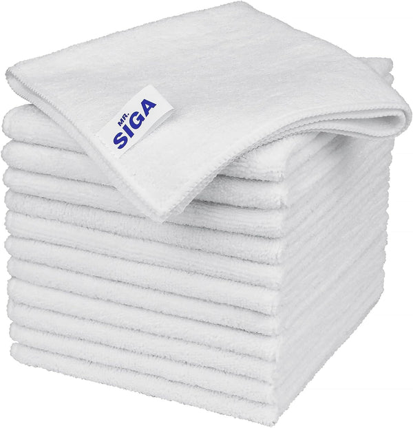 MR.SIGA Microfiber Cleaning Cloth, All-Purpose Towels, Streak Free Cleaning Rags, Pack of 12, White, Size 32 x 32 cm