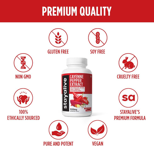 Stay Alive Cayenne Pepper 8000mg, Ginger 1500mg, Garlic 1500mg, Turmeric 1500mg, BeetRoot 3000mg, Black Pepper - 120
