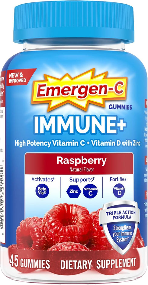 Emergen-C Immune+ Gummies, Vitamin D Plus 750 mg Vitamin C, Immune Support Dietary Supplement, Raspberry Flavor - 45