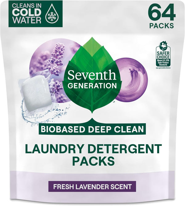 Seventh Generation Laundry Detergent Packs, Lavender, 64 Count, Biobased Deep Clean, EPA Safer Choice