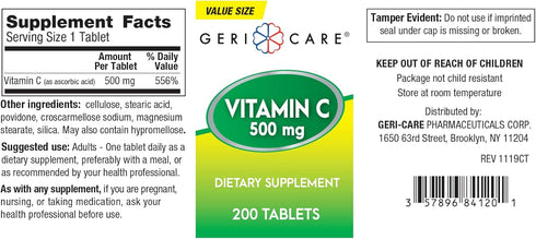 GeriCare Vitamin C 500 mg Antioxidant, Immune System Support, Nutritional Supplement Tablets, 200 Count (Pack of 1)