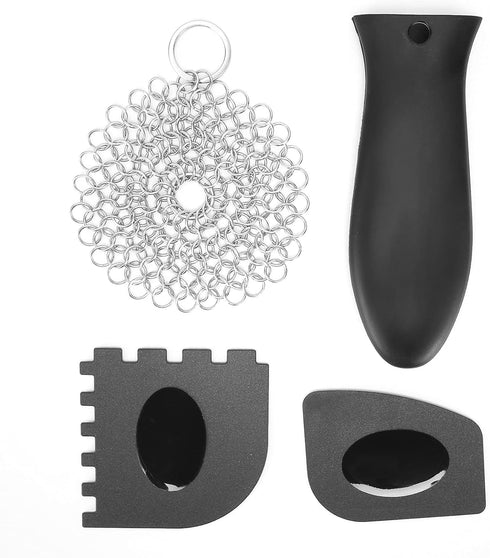 Chainmail Scrubber Kit for Cast Iron Pans, Stainless Steel Cleaner with Toothed Scraper and Handle Cover, Durable for