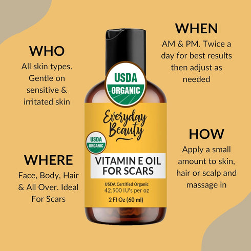 Organic Vitamin E Oil for Scars - All Natural & Vegan Skin Moisturizer 2oz - Reduces Wrinkles, Lightens Dark Spots