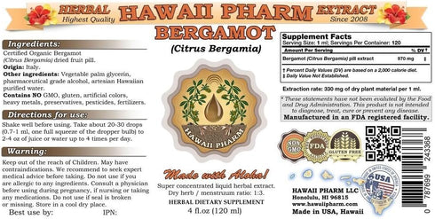 Hawaii Pharm 2 oz Bergamot Liquid Extract, Bergamot (Citrus Bergamia) Dried Fruit Peel Powder Tincture Supplement