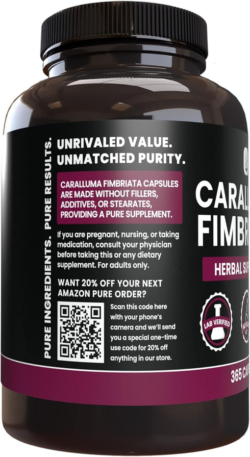 PURE ORIGINAL INGREDIENTS Caralluma Fimbriata (365 Capsules) No Magnesium Or Rice Fillers, Always Pure, Lab Verified