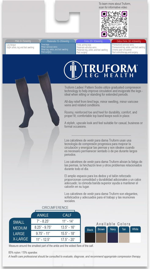 Truform Compression Socks, 15-20 mmHg, Women's Dress Socks, Knee High, Black Rib Knit, X-Large
