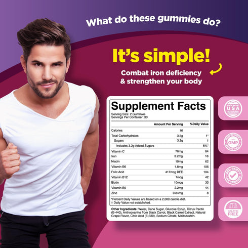 Natural Multivitamin Iron Gummies for Adults, Gummy Vitamins with Iron and B Complex Vitamins, 60 Count