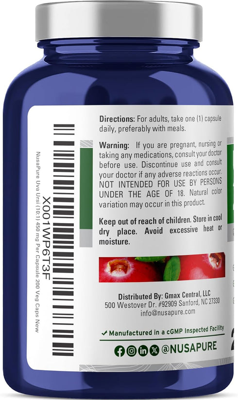 NusaPure Uva Ursi 10:1 Extract, 450 mg Equivalent to 4,500mg, 200 Vegetarian Caps (Non-GMO, Vegan)