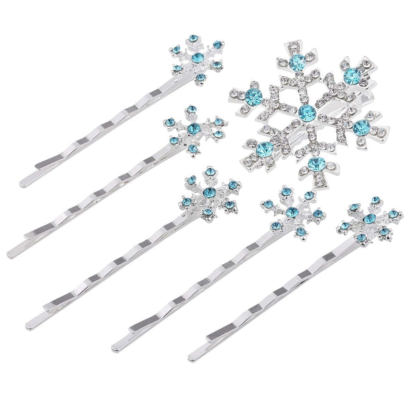 Lurrose Snowflake Hair Clip, 6PCS Rhinestone Bridal Hairpin, Blue Snowflake Hair Barrettes for Wedding and Christmas