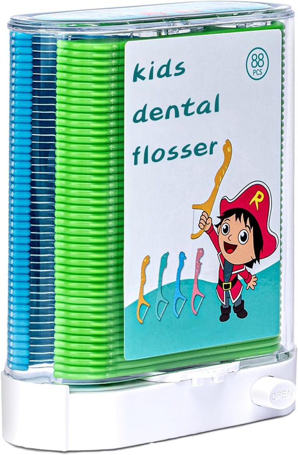 Dentle Floss Pick Holder Dispenser - 88 Floss with 58 Floss Refill, Fun Colorful Animal Floss (1 Pack Green)