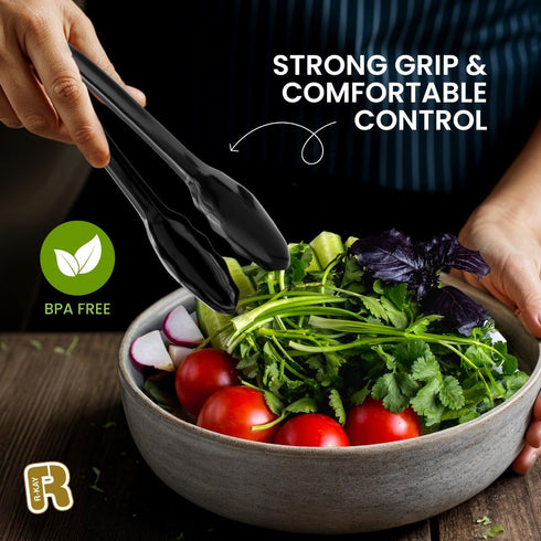 18 Pcs Black Plastic Serving Utensils - 6 Spoons, 6 Tongs, 6 Forks - Heavy Duty Disposable Set