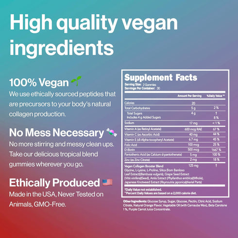 Vegan Beauty Support Gummies - Collagen Booster with Biotin, Vitamin C, A, E, Folic Acid, 60 Gummies