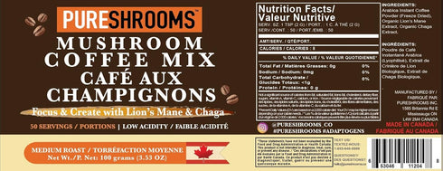 Focus & Create Adaptogenic Instant Mushroom Coffee, 50-Serve Pack with Lion’s Mane & Chaga for Brain Support