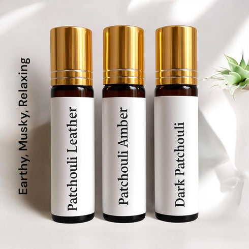 Set, 3 Patchouli Essential Oil Fragrances, Leather, Amber and Dark Scents, All-Natural Roll-On Perfume, Men & Women