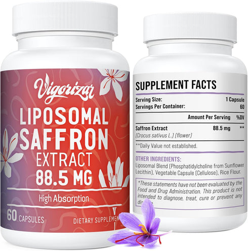 Liposomal Saffron Supplements 100% Pure Saffron Extract 88.5 mg, 60 Veggie Capsules, Better Bioavailability