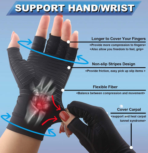 2Pairs Copper Arthritis Compression Gloves for Women Men, Fingerless Compression Gloves for Carpal Tunnel, Hand Pain, RSI, Driving, Typing, Copper Gloves Support Hands and Wrist for Work (Medium)