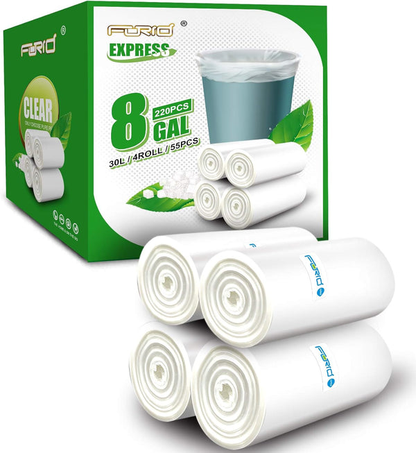 Clear Medium Garbage Bags 8 Gallon, 220 Count FORID Trash Bags for Bathroom, Bedroom, Office Wastebasket
