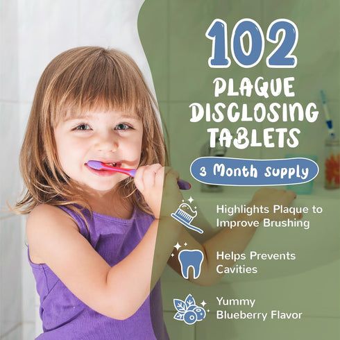 Plaque Disclosing Tablets for Kids & Adults, 102 Count, Blueberry Flavor, Help Build Healthy Brushing Habits