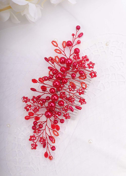 Kercisbeauty Red Crystal Beads Hair Comb - Wedding Bridal Boho Slide Comb for Brides and Bridesmaids