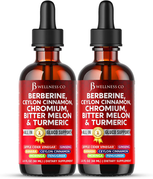 JB Wellness Co Berberine with Ceylon Cinnamon Supplement Liquid Drops + Bitter Melon Extract, Glucomannan,